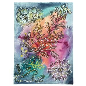 Hand painted watercolor original painting galaxy flowers vines
